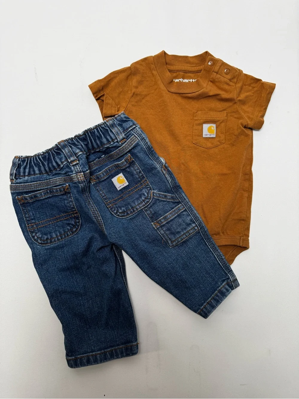 Carhartt Brown Short-Sleeve Onesie with Denim Carpenter Jeans